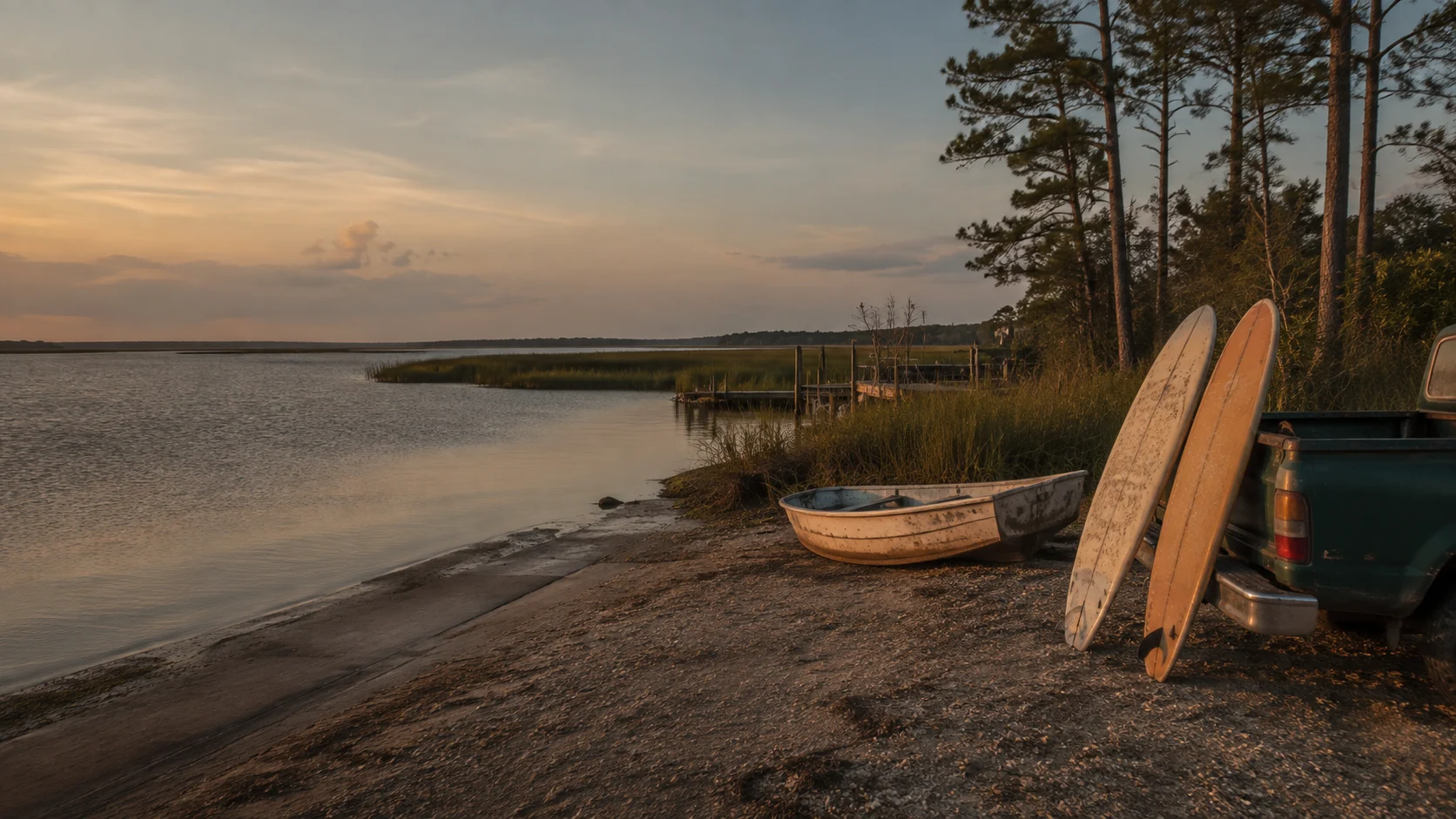Surfboards and a small boat beside a quiet North Carolina waterfront