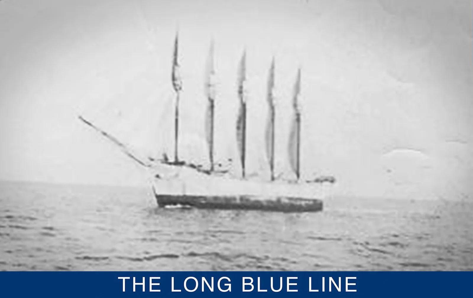 Historic Coast Guard photograph of the five-masted Carroll A. Deering underway before its 1921 wreck, in a Coast Guard history graphic