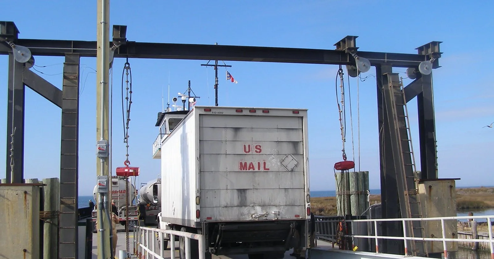A mail truck loads onto the Rodanthe to Stumpy Point emergency ferry in December 2012