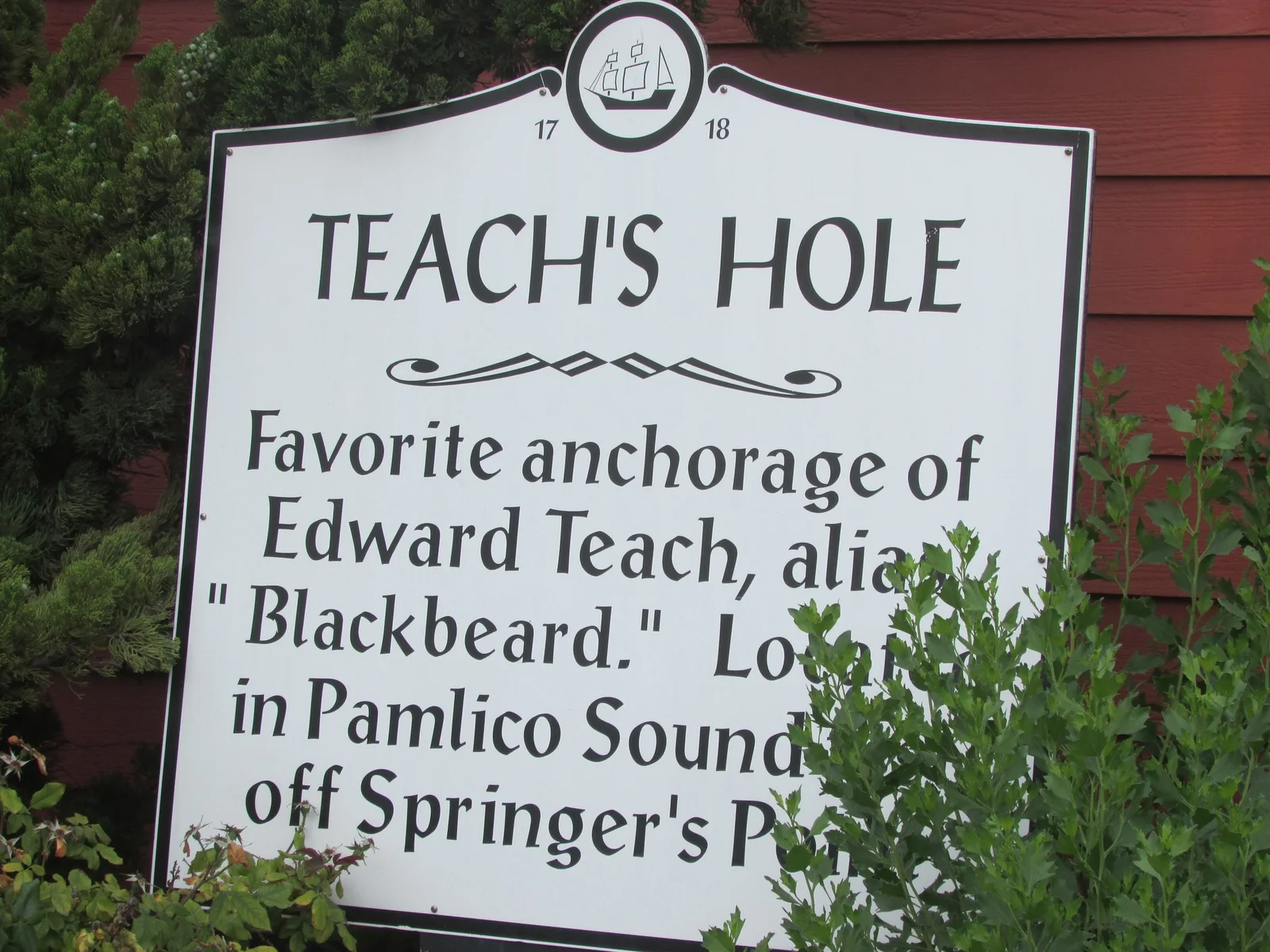 Teach's Hole marker photographed on Ocracoke in 2014, identifying Blackbeard's anchorage near Springer's Point