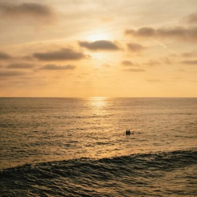 A surfer is in the ocean at sunset