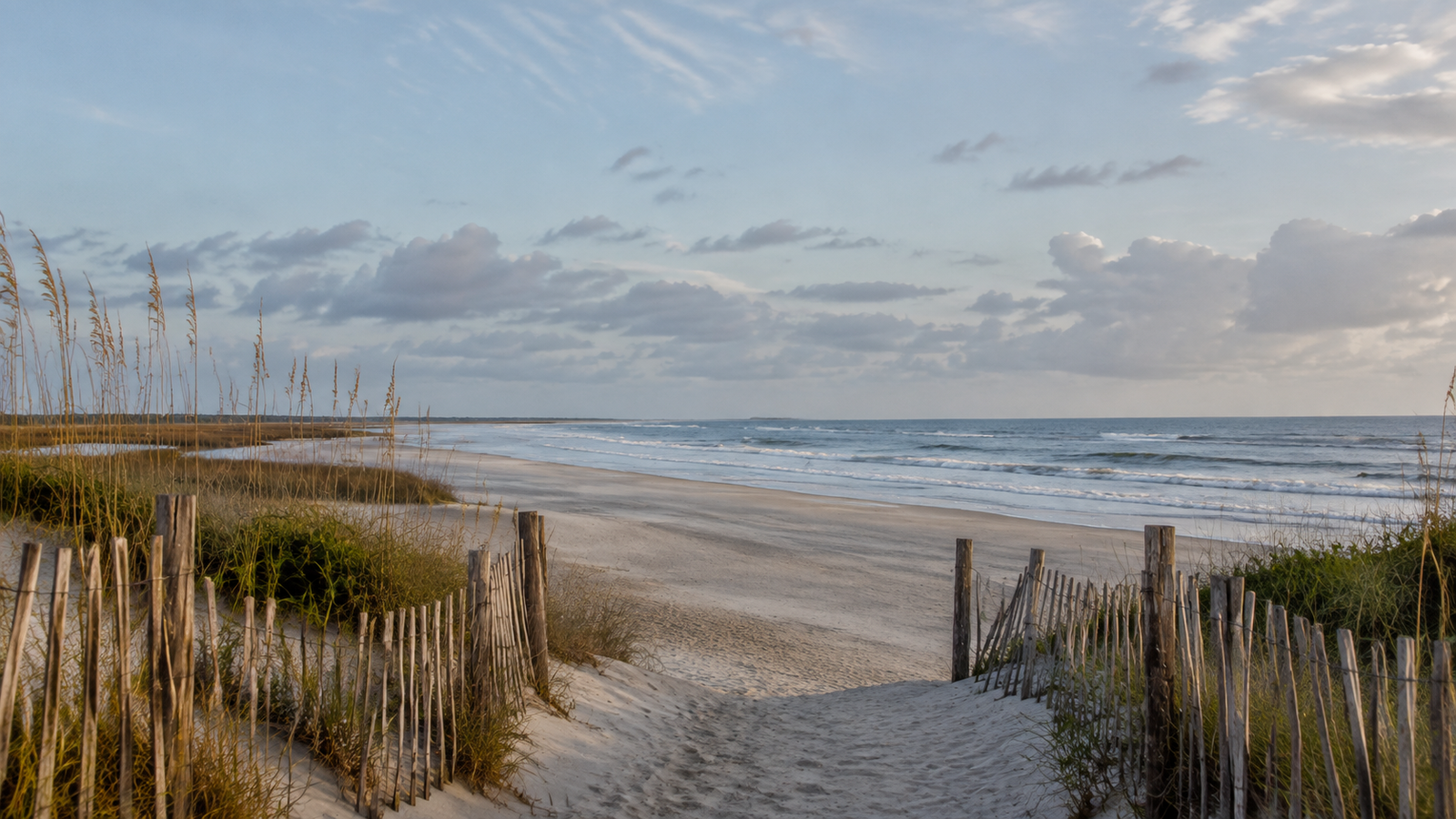A sandy path between weathered dune fences opens onto a quiet Atlantic beach in soft morning light